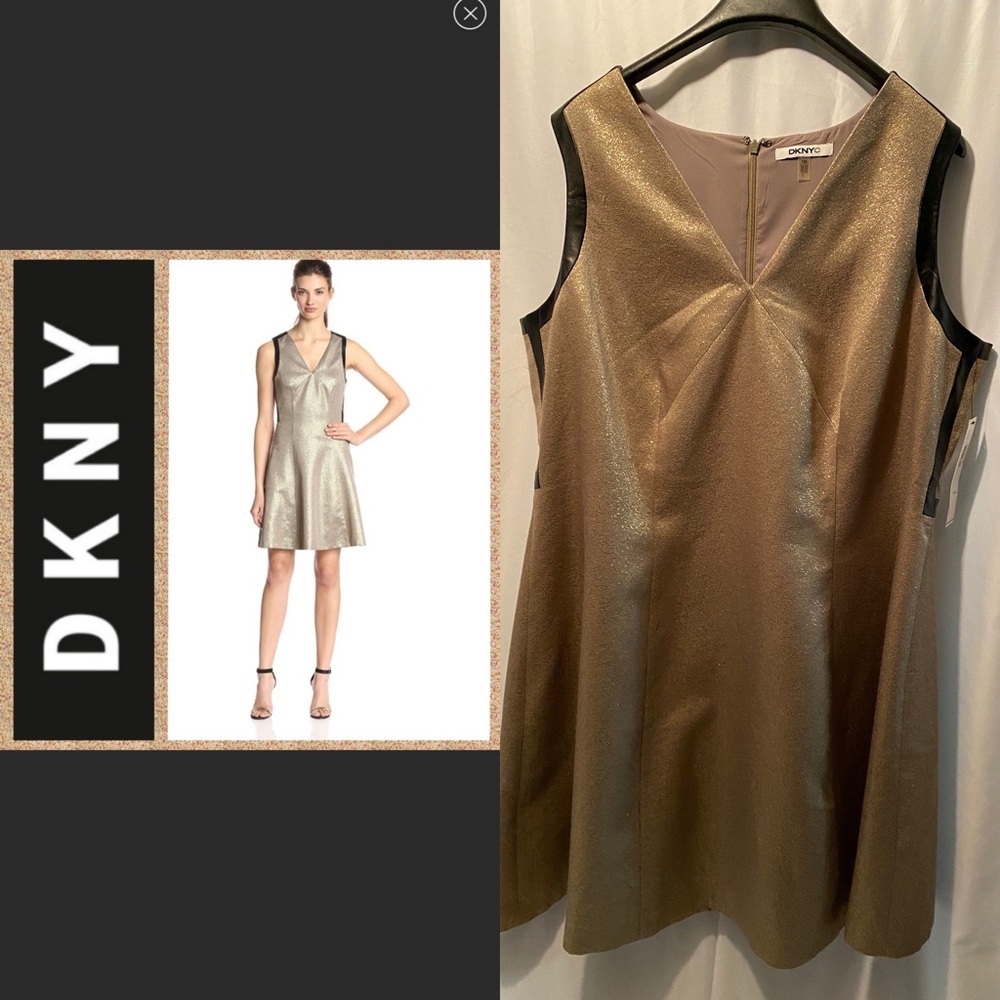DKNY Metallic Gold Dress vegan leather trim 16W